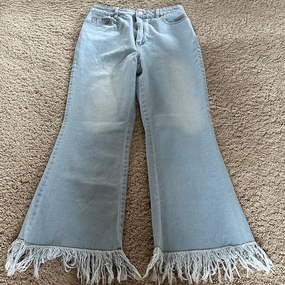 SHEIN Light Blue Fringed Flare Jeans